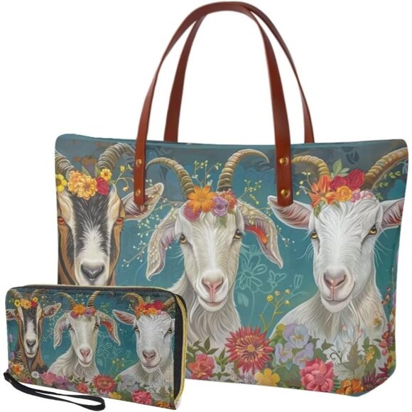 Women Neoprene Leather Multicolor Tote Shoulder Satchel Wallet 2pcs Set